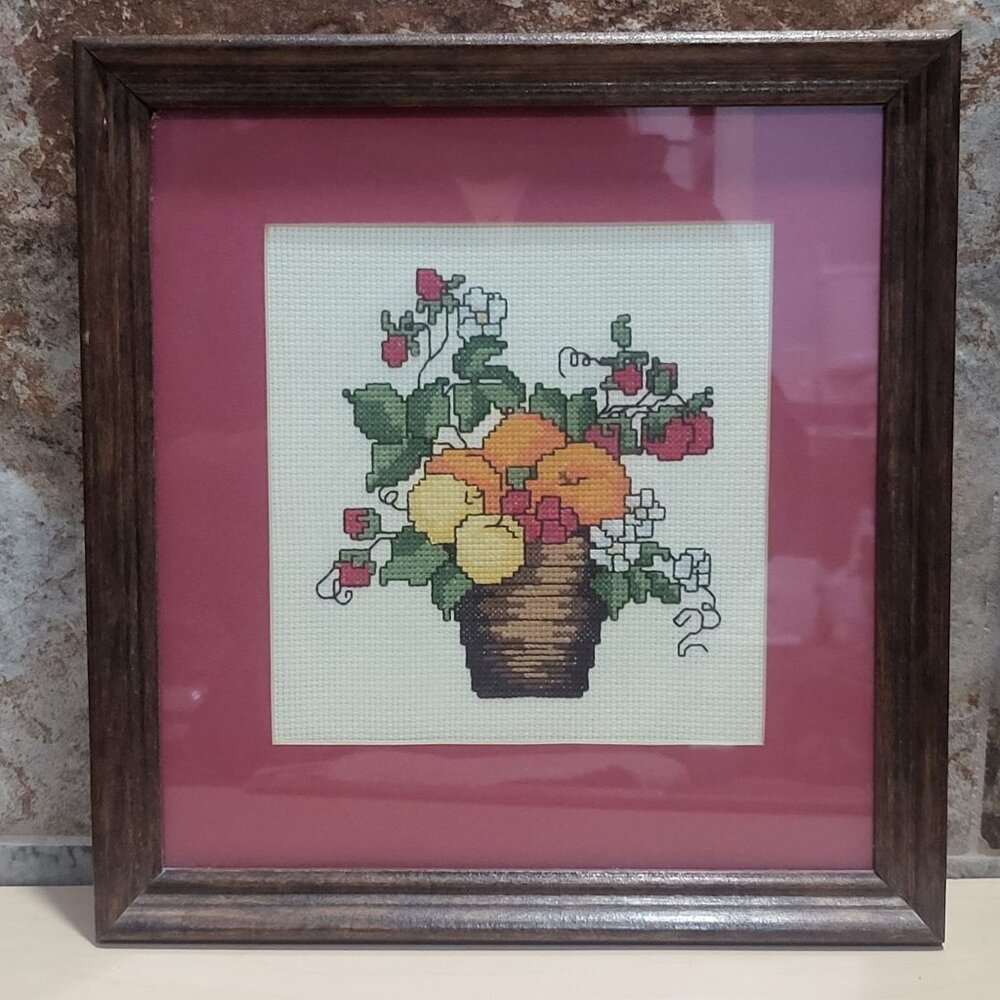 Vintage Framed Cross Stitch Fruit Basket Wall Artwork Hanging Decor